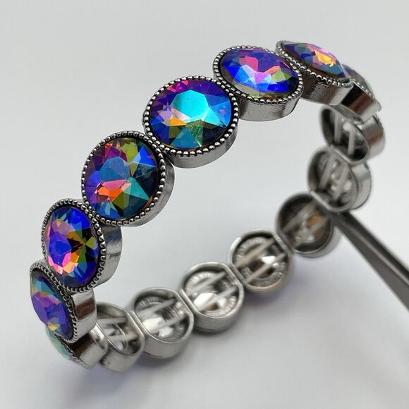 Silver Tone Blue AB Round Cut Glass Rhinestone Stretch Bracelet Boho Fashion - Picture 1 of 7